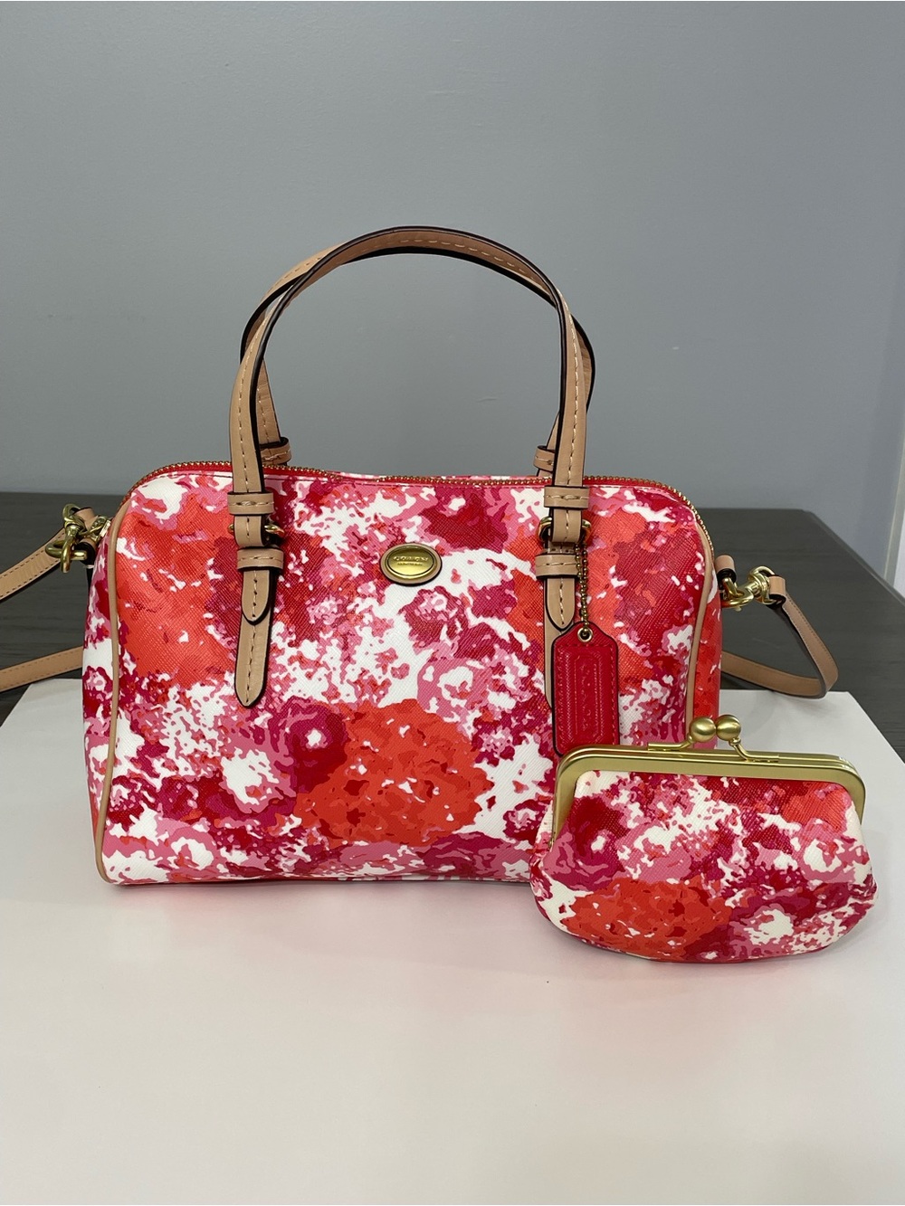 Coach Red and Pink Floral Satchel with Coin Purse